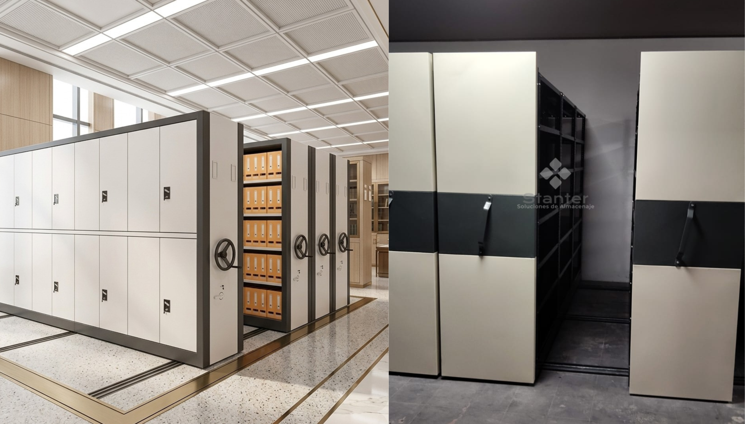 Archivo móvil 4 | Stanter Split image of two storage rooms: left shows tall white lockers with orange file boxes in a bright archive; right shows beige cabinets with dark shelving in a dim storage area.