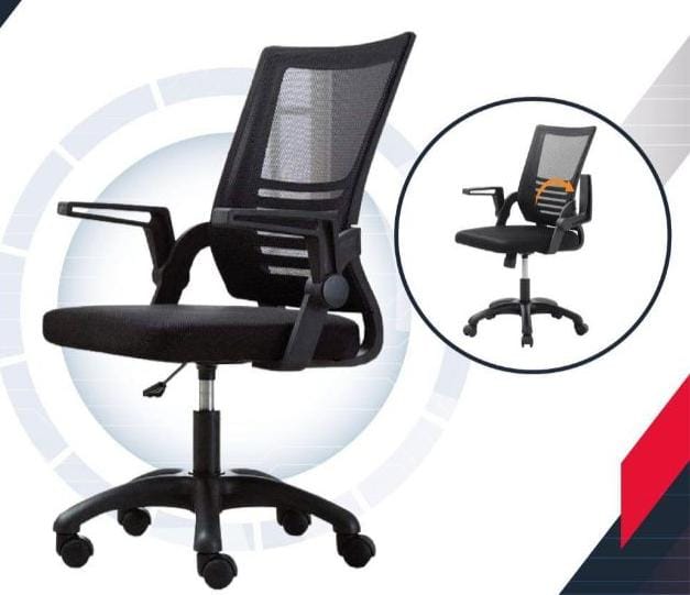 Black ergonomic office chair with mesh back, cushioned seat, adjustable armrests, and a wheeled base (shown full size with a circular inset image).