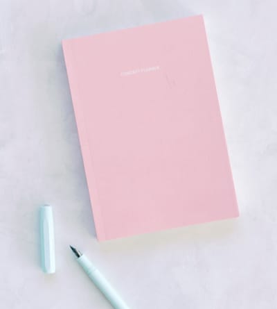 online_store_29 | Stanter Flat lay of a pink notebook with a light blue pen and cap on a pale surface.